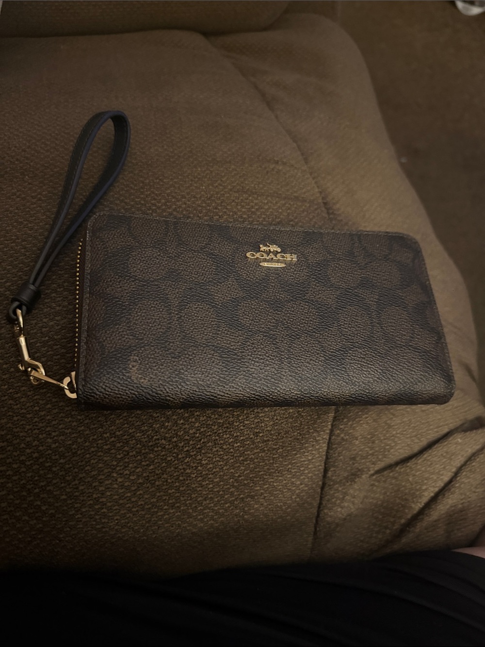 Coach Brown Signature Zip Wristlet with Gold Logo